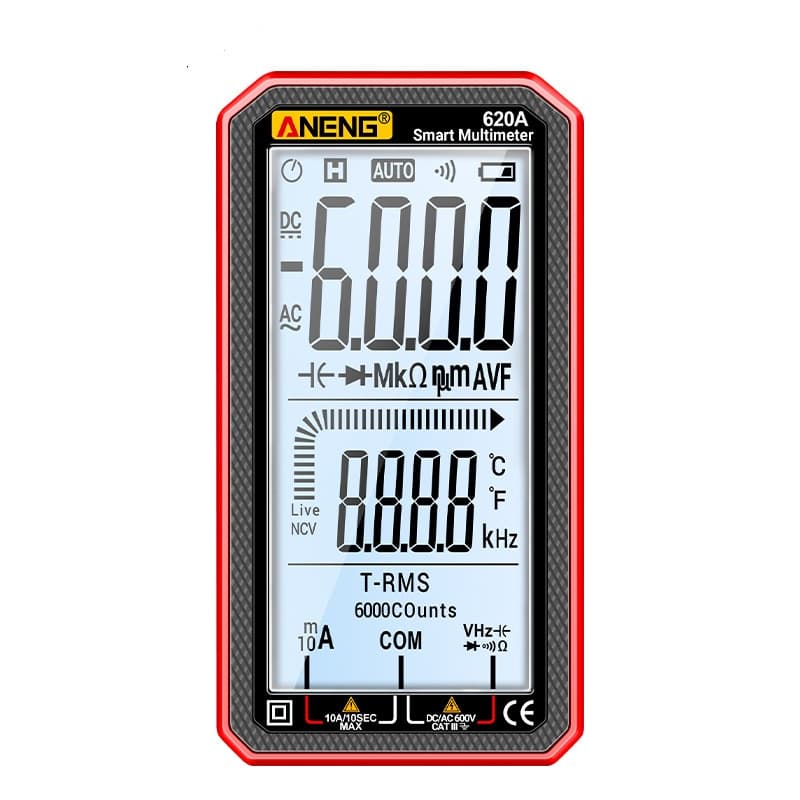 Multimetru digital Aneng 620A True RMS, Afisaj, Test Frecventa, NCV, Ecran 4.77 inch, Senzori temperatura, tester diode/baterii/continuitate cu buzzer, alarma supraincarcare, memorare date, rosu