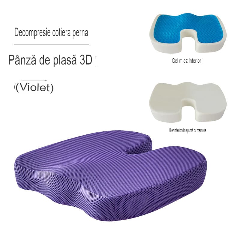 Perna ortopedica pentru sezut din spuma cu memorie si gel racoritor Arvada ErgoSupport, dimensiuni 45x35x7cm cm, husa detasabila respirabila si design U, violet