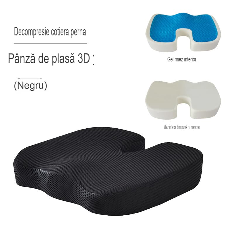 Perna ortopedica pentru sezut din spuma cu memorie si gel racoritor Arvada ErgoSupport, dimensiuni 45x35x7cm cm, husa detasabila respirabila, design U, negru