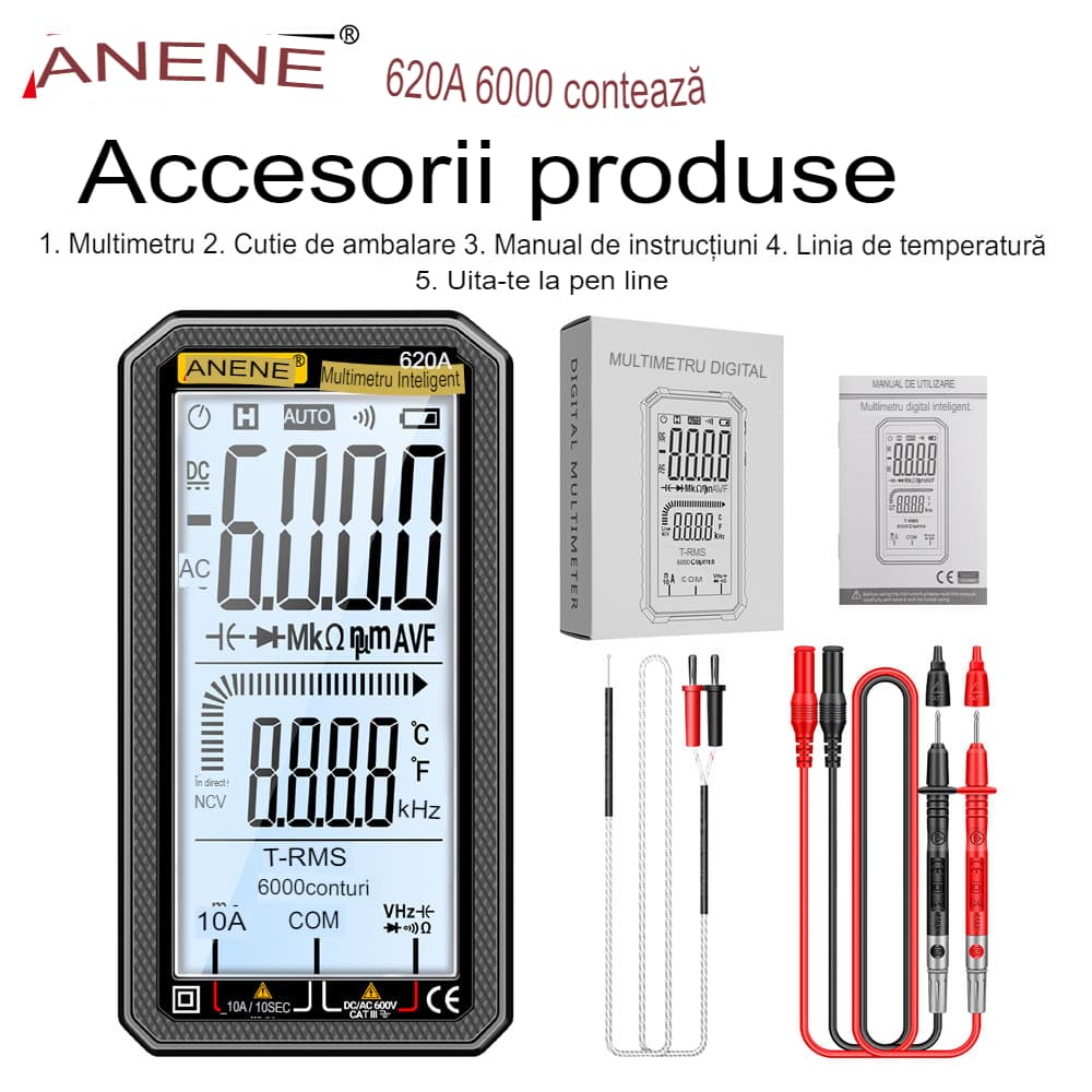 Multimetru digital Aneng 620A True RMS, Afisaj, Test Frecventa, NCV, Ecran 4.77 inch, Senzori temperatura, tester diode/baterii/continuitate cu buzzer, alarma supraincarcare, memorare date, rosu