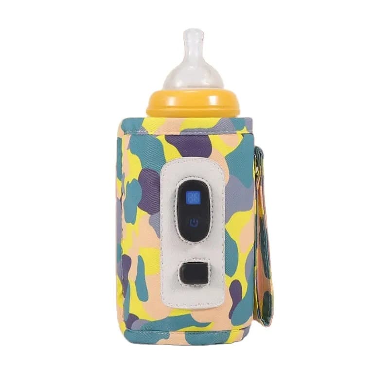 Incalzitor de sticle cu biberon portabil Arvada Baby Comfort, cu incarcare USB, maner silicon, Temperatura constanta pana la 24 h, 14x8cm afisaj digital, galben camuflaj
