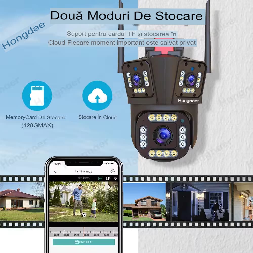 Camera de Supraveghere Tripla 4g Arvada motion DF-SHM, 12MP, Exterior si Interior, Ultra HD, focalizare 4mm, Rotire 360, Leduri, Alarma, Senzor Miscare Lumina, Comunicare Bidirectionala, Negru