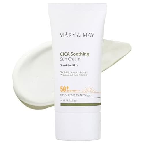 Mary&May CICA Soothing Sun Cream SPF50+ PA++++ 50 ml (1,69 fl. oz.) | Crema de protectie solara cu absorbtie rapida, textura non-lipicioasa, hidratare, fara urme albe | Ingrijirea fetei cu Cica, utilizare zilnica