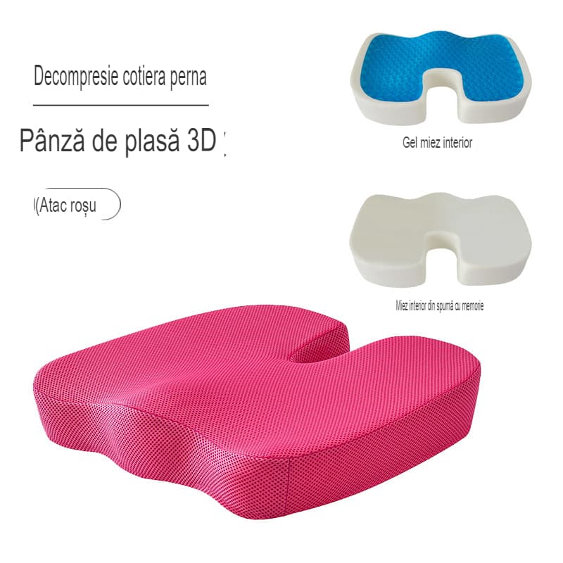 Perna ortopedica pentru sezut din spuma cu memorie si gel racoritor Arvada ErgoSupport, dimensiuni 45x35x7cm cm, husa detasabila respirabila design U, roz aprins