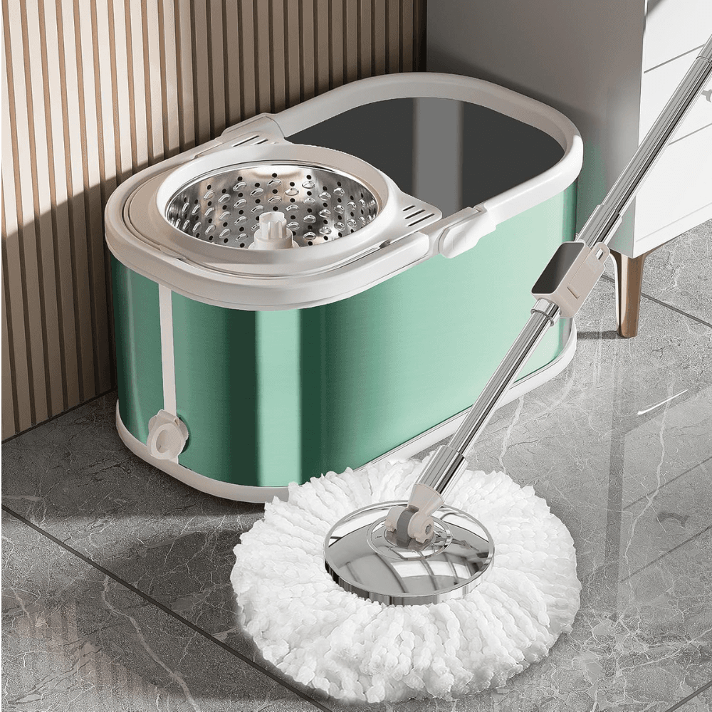 Set galeata mop cu centrifuga si rotatie 360 de grade din inox inoxidabil Arvada® MagicClean, galeata ovala, dimensiuni 42x26x22cm finisaj lucios si orificiu de scurgerea a apei cu 4 rezerve culoare alba, verde mint