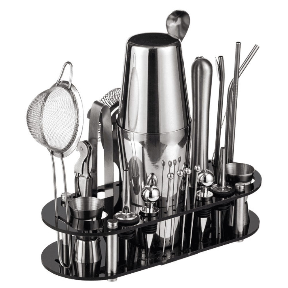 Kit complet pentru barmani Arvada® ShakerPro MC-YKL23, Suport acrilic, 23 piese, 700 ml, dimensiuni 19x12x30.5 CM, Set barman pentru preparare bauturi, Otel inoxidabil