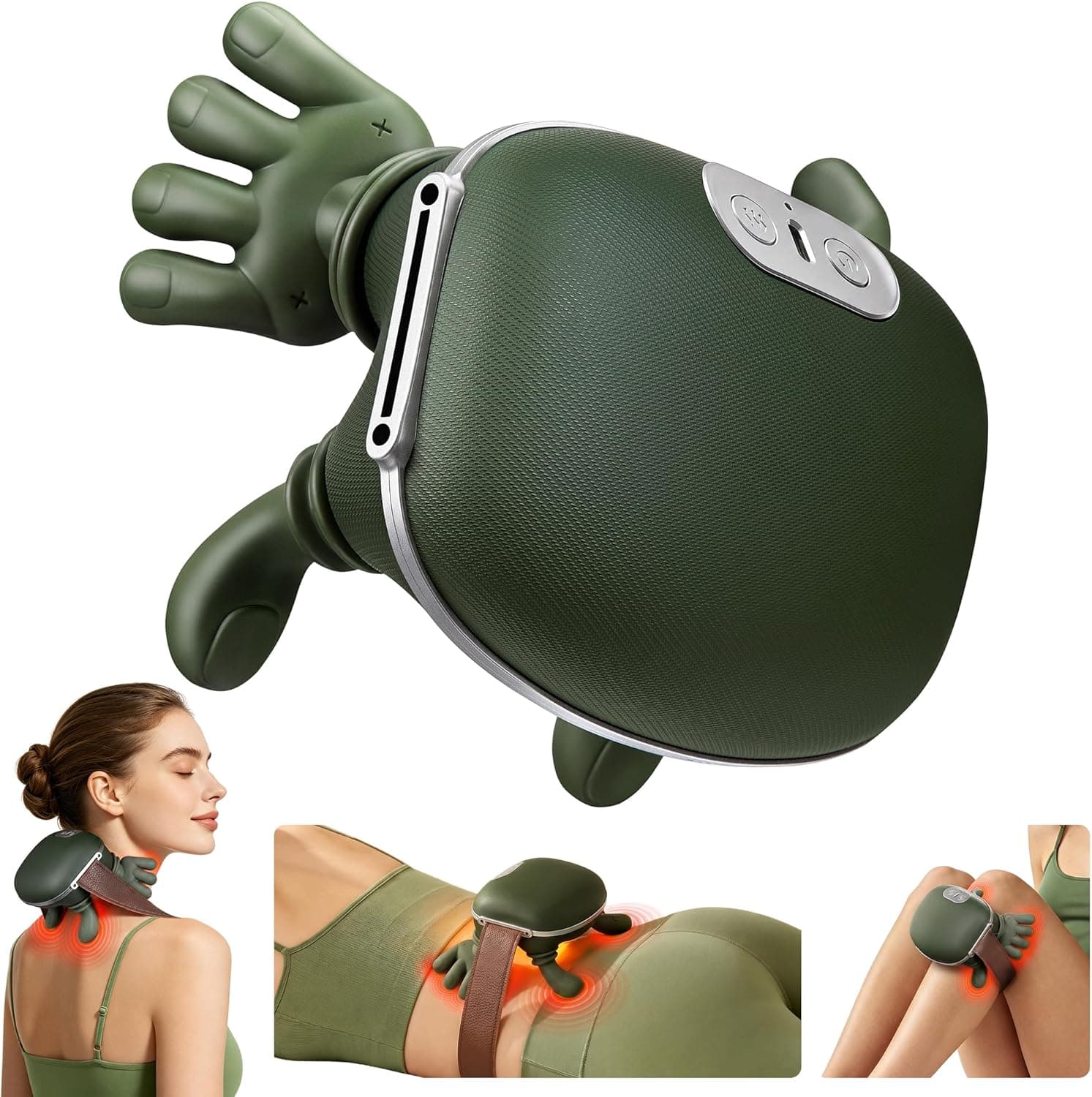Aparat de masaj gat si umeri ARVADA® NeckRelief Pro, masaj Shiatsu 4D, incalzire in 2 trepte, fara fir, baterie 2000 mAh, curea reglabila, reincarcare USB, verde olive