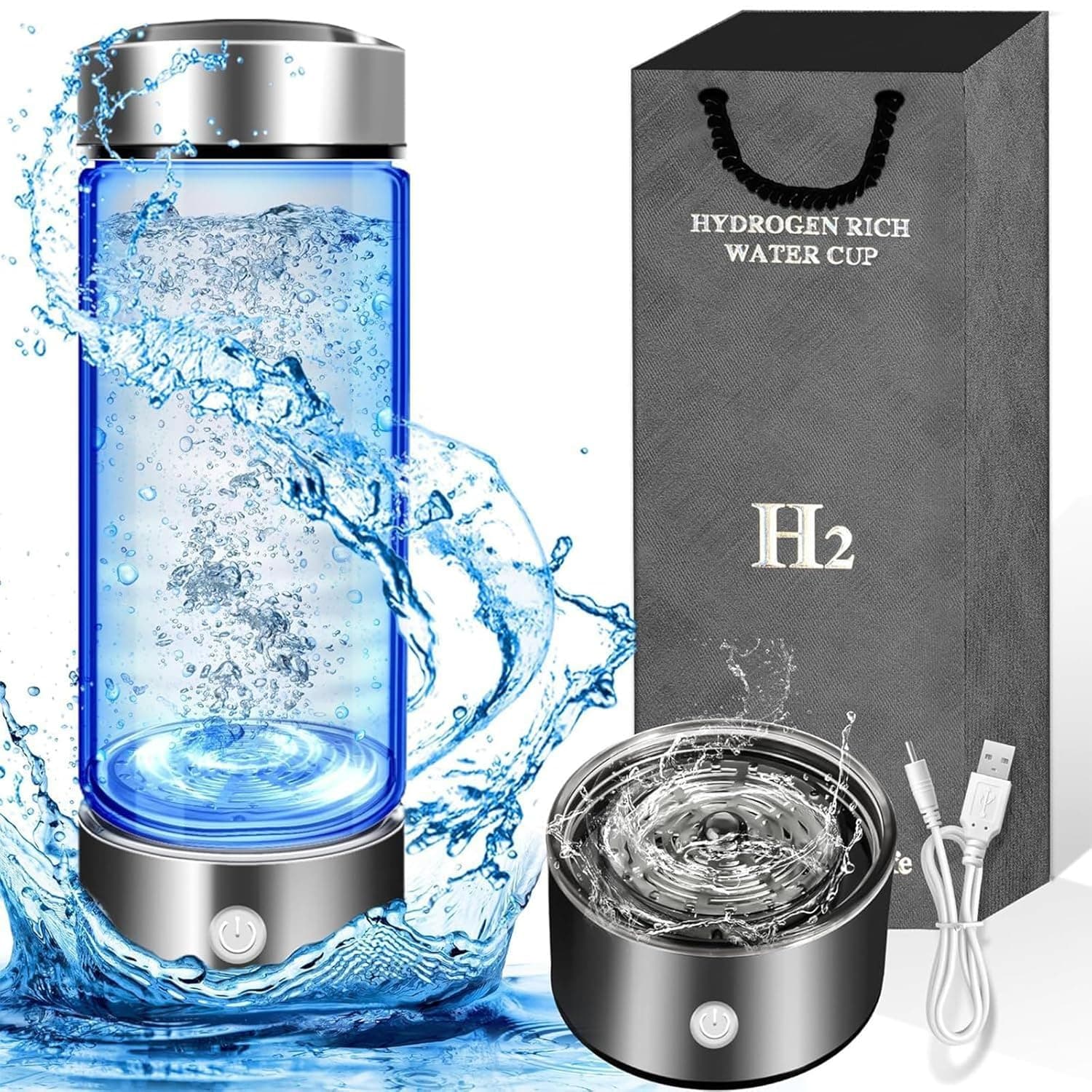 Sticla pentru prepararea apei imbogatite cu hidrogen Arvada® HydroGo, 420 ml, Tehnologie prin electroliza, Recipient din sticla borosilicata, Incarcare USB, Operare cu un singur buton