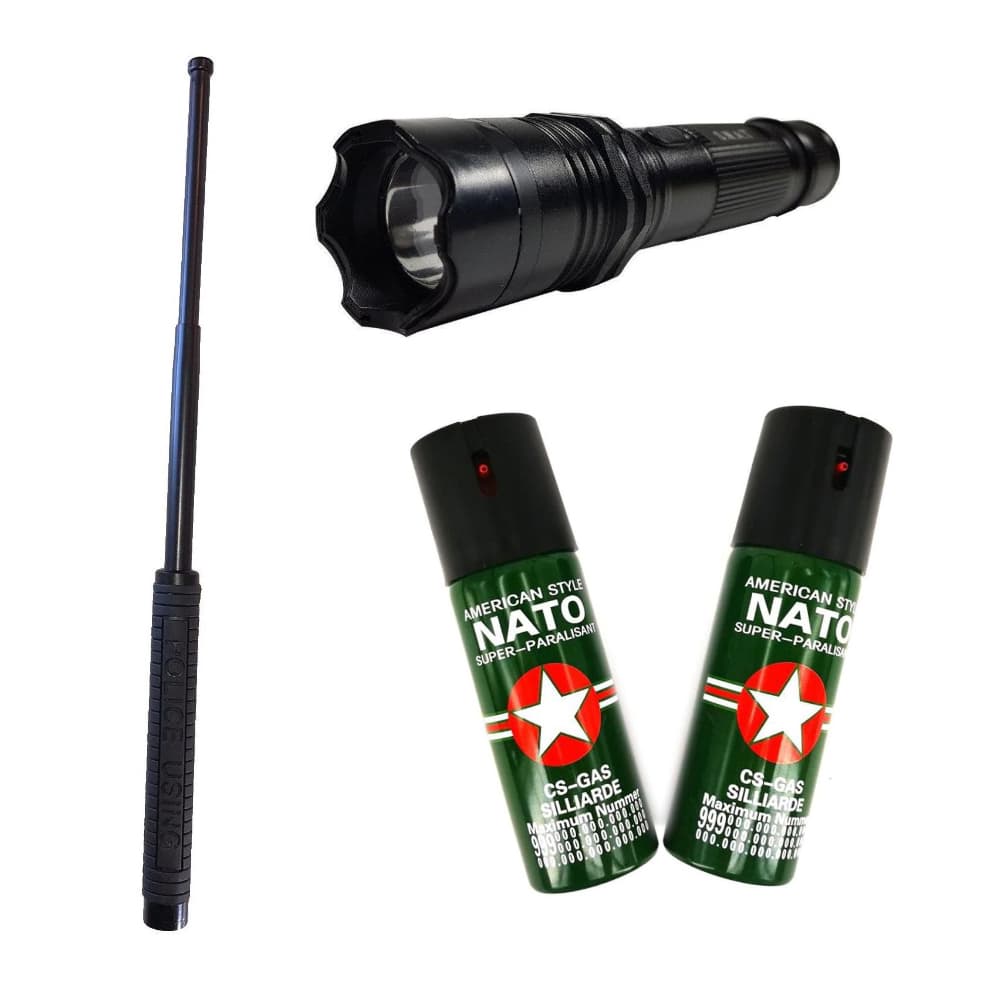 DEPOX Kit autoaparare Baston Telescopic, Lanterna Electrosoc cu laser si 2 Spray-uri Nato Negru