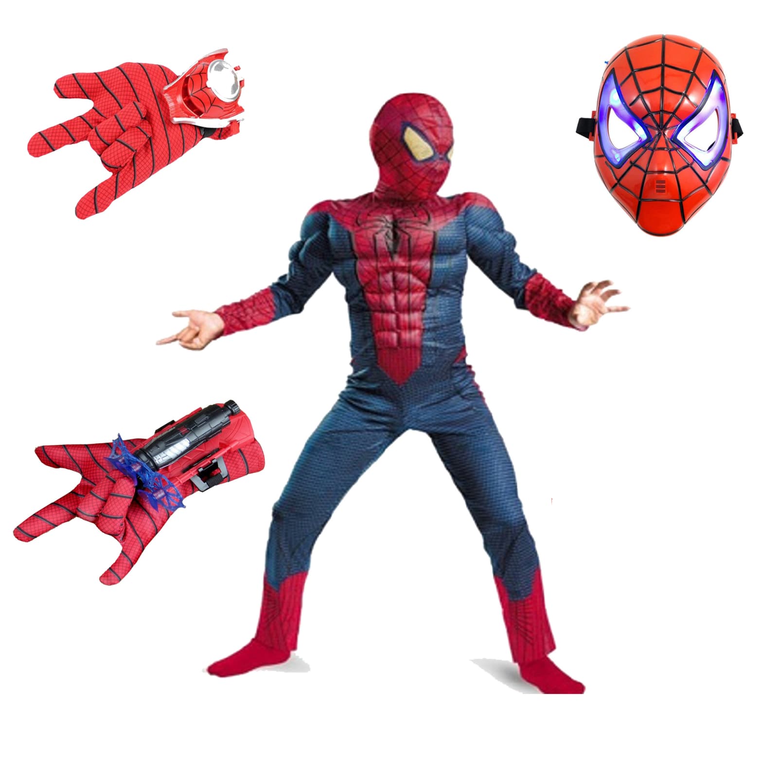 DEPOX Set costum Spiderman cu muschi, 2 lansatoare si masca plastic LED, rosu, 3-5 ani, 100-110 cm