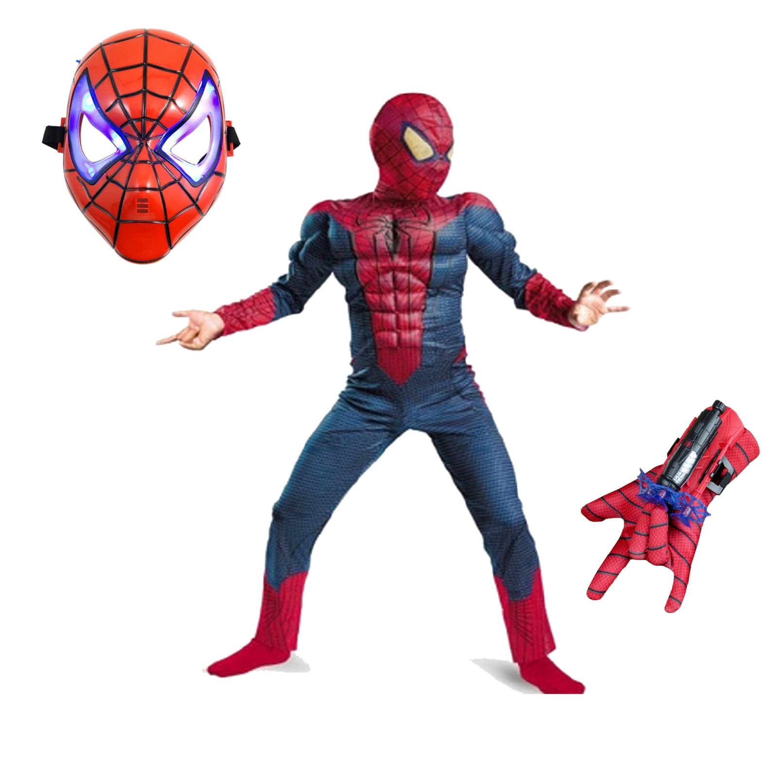 DEPOX Set costum cu muschi Spiderman, manusa cu lansator si masca plastic LED, rosu, 3-5 ani, 100-110