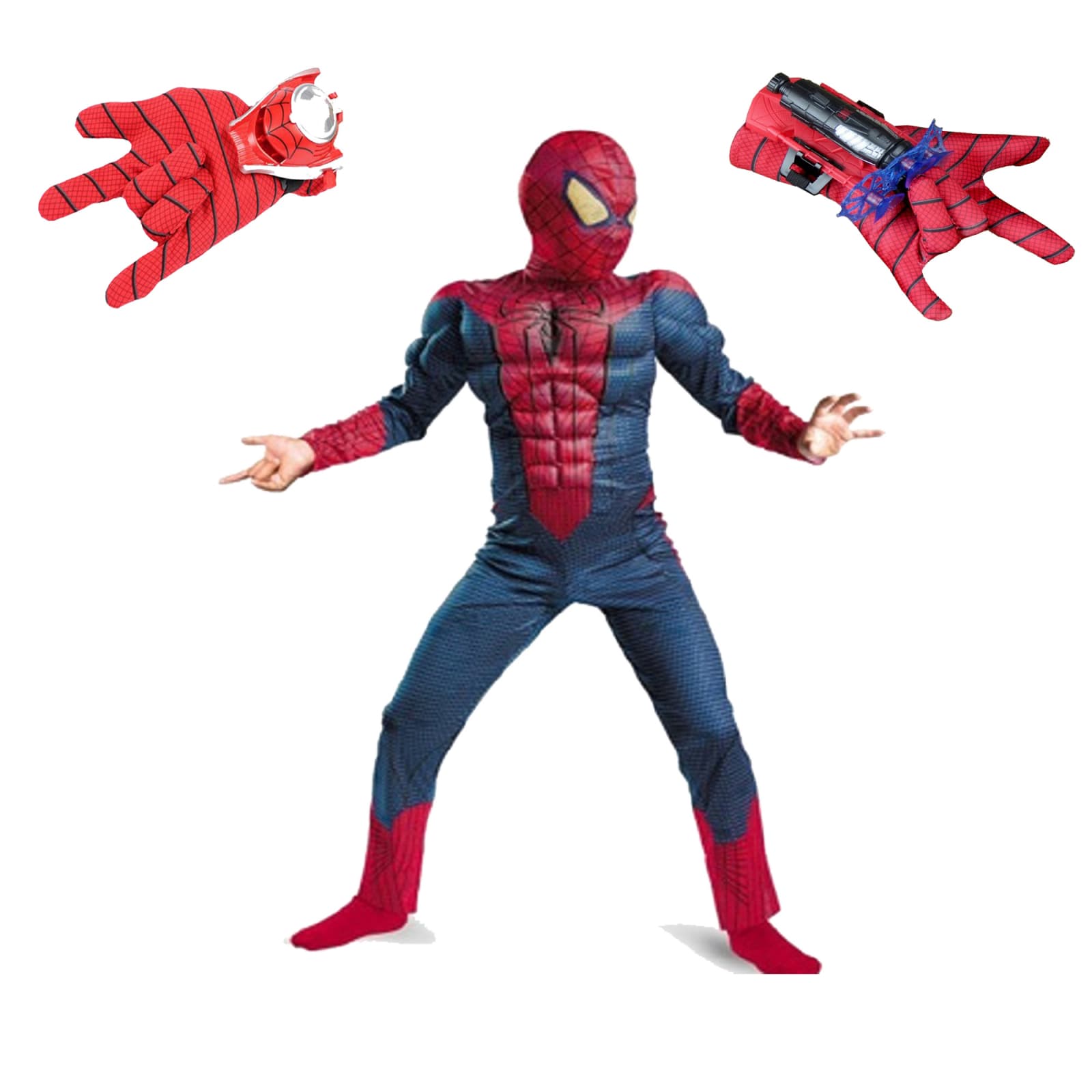 DEPOX Set costum Spiderman cu muschi si 2 lansatoare, rosu, 110-120 cm, 5-7 ani