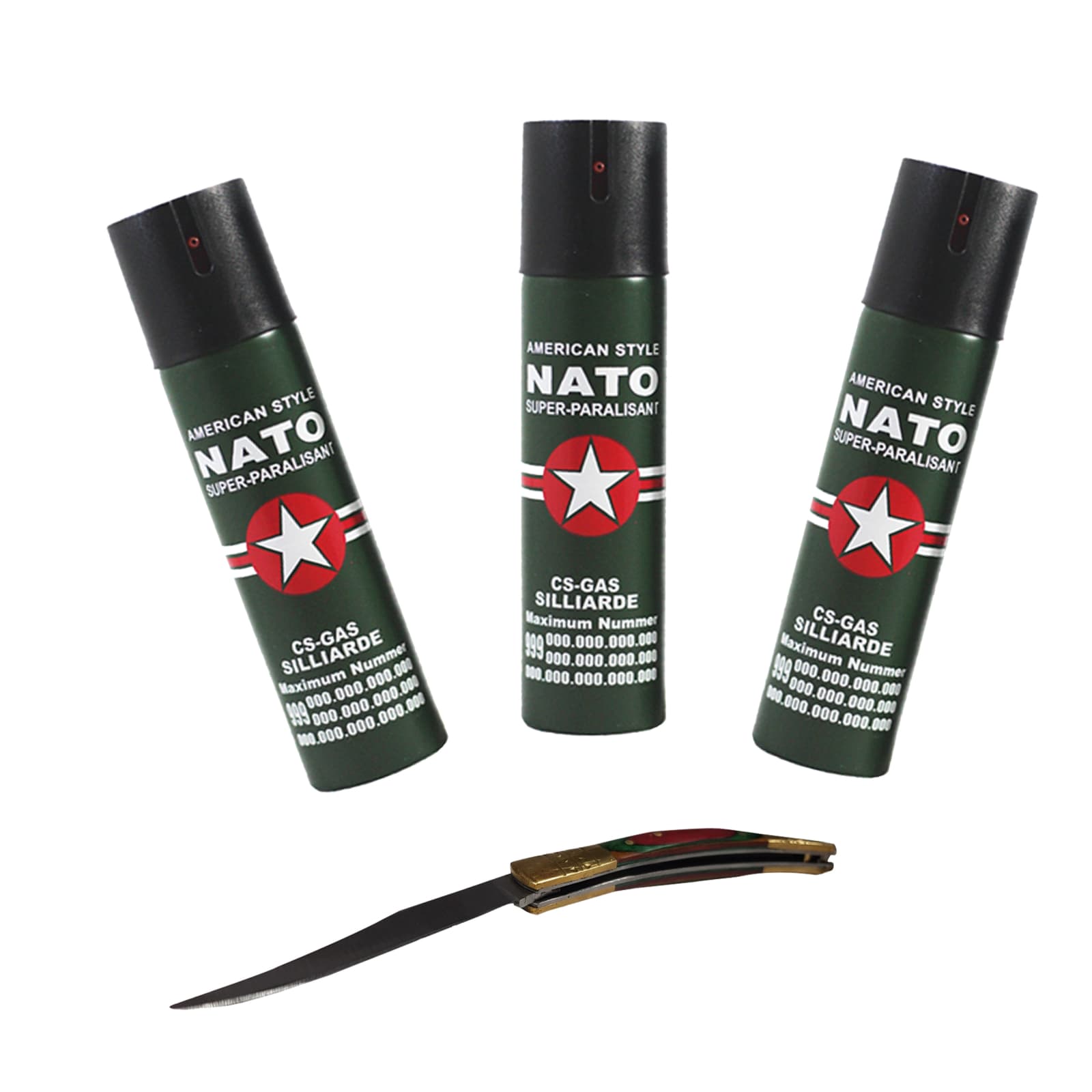 DEPOX Set autoaparare 3 sprayuri jet si briceag de buzunar spaniol, teaca inclusa Verde