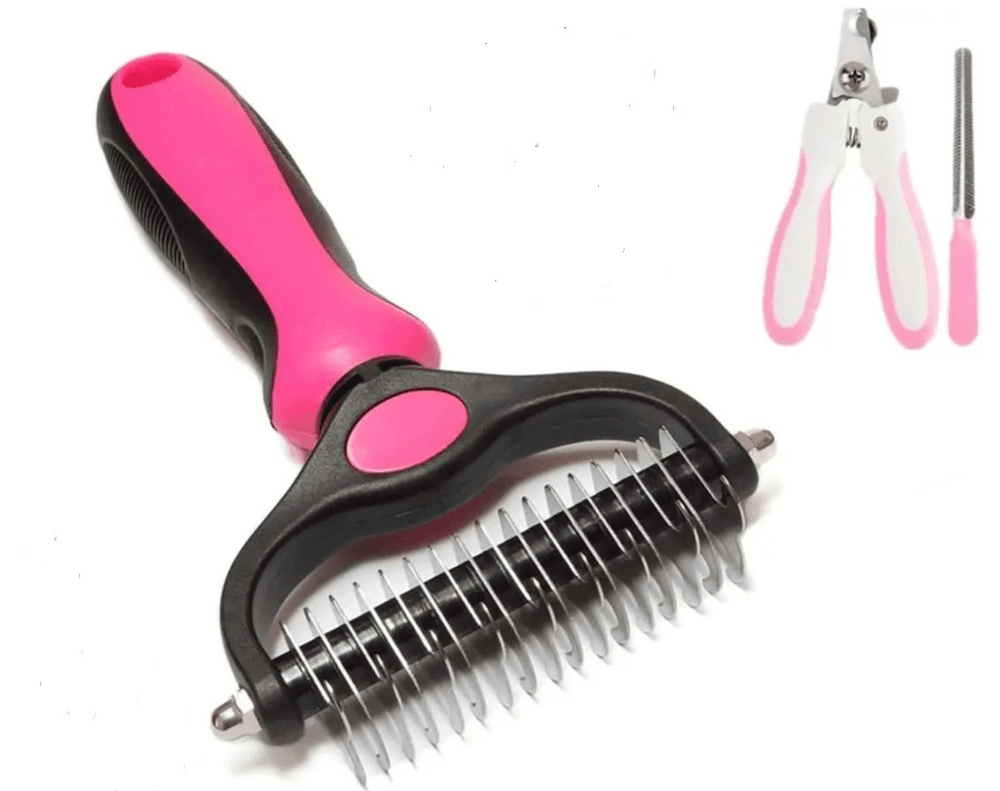 Set ingrijire animale de companie OnePet marime L 9 dinti, compus din pieptene descalcitor, cleste, pila, pentru curatarea parului si tuns unghii la caini, pisici, iepuri, hamsteri, Rosu