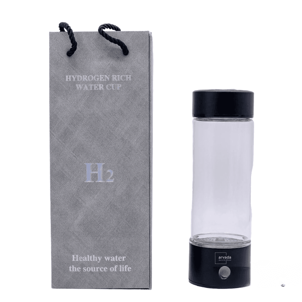 Sticla Generatoare de Apa Hidrogenata, Ionizata si Plasmatica - 420 ml, ARVADA,  Alimentare USB, LED, Filtru inclus, Reincarcabila, Alcalina,Terapeutica, Concentratie Hidrogen 1300-1600 ppb, Cutie cadou, culoare  neagra