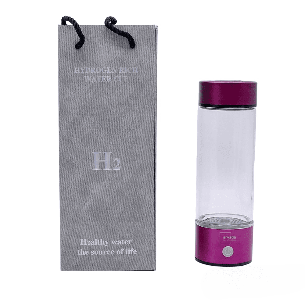 Sticla Generatoare de Apa Hidrogenata, Ionizata si Plasmatica - 420 ml, ARVADA,  Alimentare USB, LED, Filtru inclus, Reincarcabila, Alcalina,Terapeutica, Concentratie Hidrogen 1300-1600 ppb, Cutie cadou, culoare  fucsia