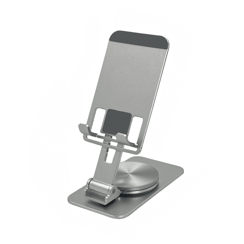 Suport telefon Smarto H13 rotativ 360°, portabil, de birou, tableta, iPad, reglabil in inaltime si unghi inclinare, pliabil, foarte stabil, aliaj aluminiu premium, silicon antialunecare si protectie, smartphone 5,9x9,9 cm, argintiu