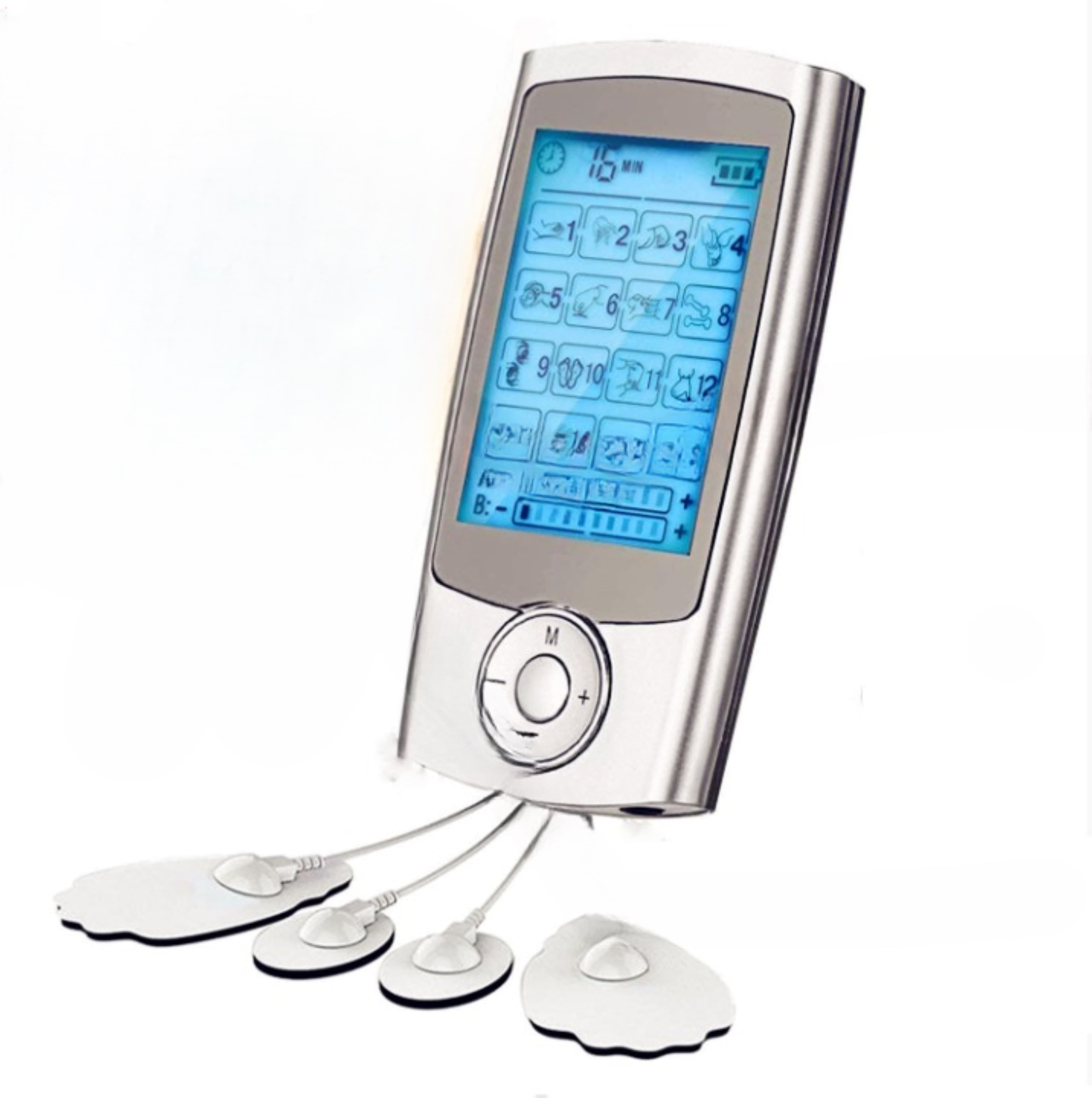 Aparat De Masaj Cu Electrostimulare/Fizioterapie MAYA MY-S044C-A , Stimulator cu 16 moduri Dual Chanel, Cu 20 Niveluri De Intensitate, 4 Electrozi, Doua Canale De Utilizare, 16 Programe De Masaj, Pentru ameliorarea durerii Display Digital, gri