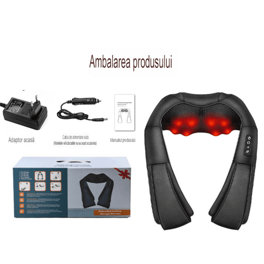 Aparat Profesional pentru masaj King Relax, cervical, spate, lombara, abdomen si picioare, Shiatsu, 4 puncte de masaj, negru